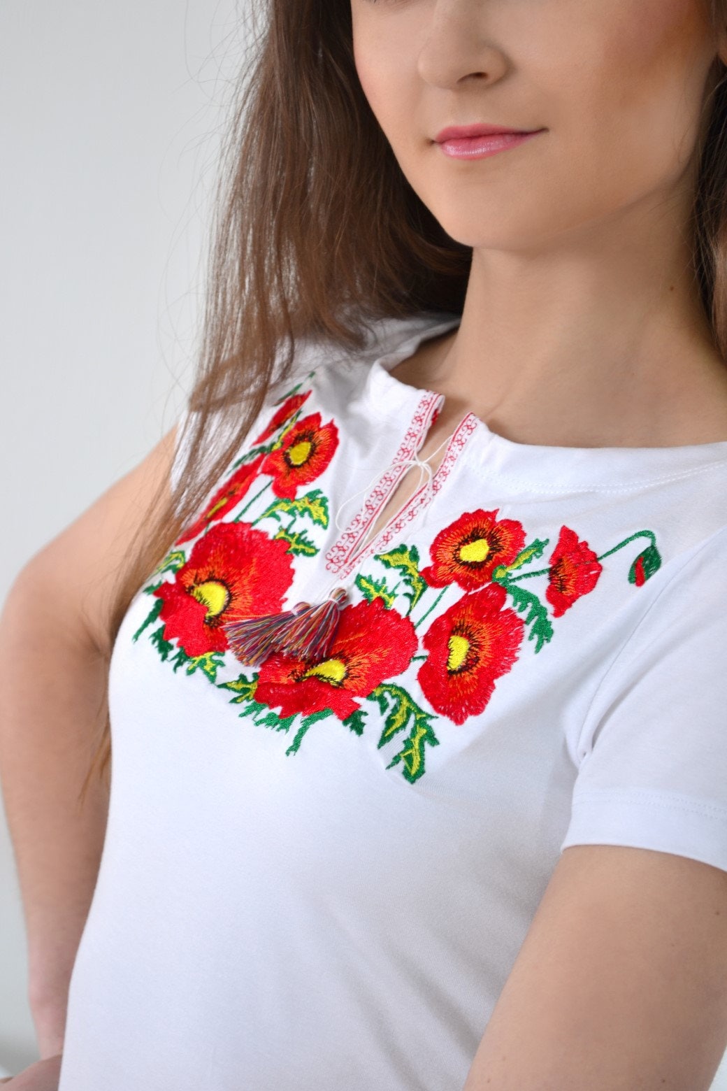 Size 3XL. White Embroidered Floral T-Shirt – Handmade Ukrainian Folk Tee with Red Poppies, Botanical Stitch, and Boho Ethnic Charm