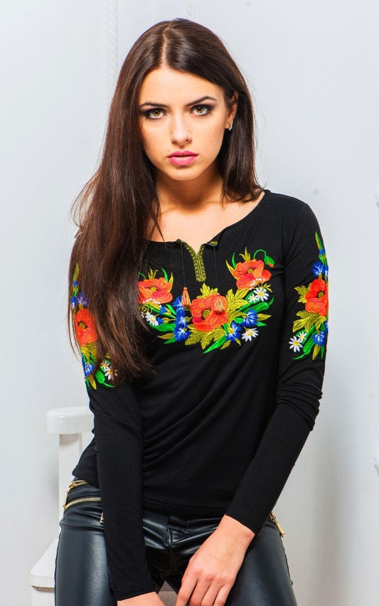 Sizes S,M,L. Women's Folk Black Blouse - Boho Embroidered Tee - Casual Fashion Top - Elegant Women's T-Shirt - Stylish Black Shirt