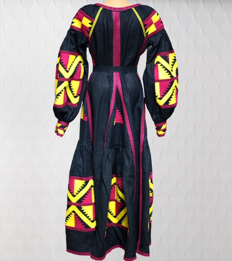 Size 4US/S! Bohemian Maxi Embroidered Dress – Black Ukrainian Folk Dress with Bold Pink and Yellow Geometric Embroidery and Tassel Accents
