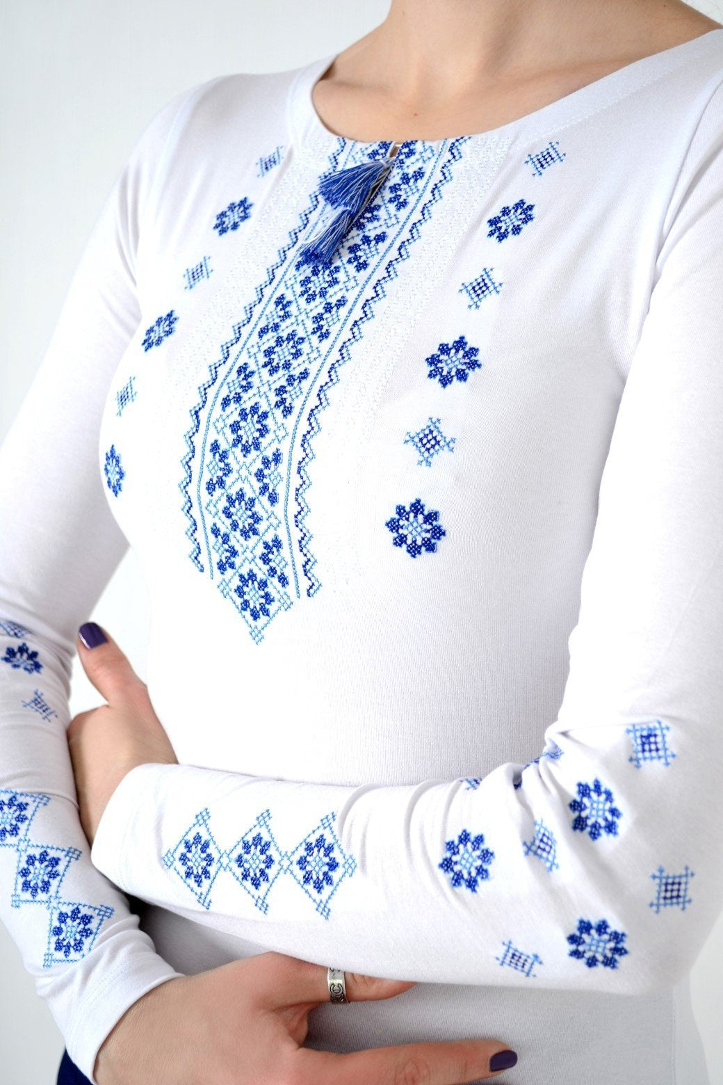 Sizes XL-3XL. White Long Sleeve Shirt - Spring Boho T-Shirt - Geometric Folk Embroidery Top