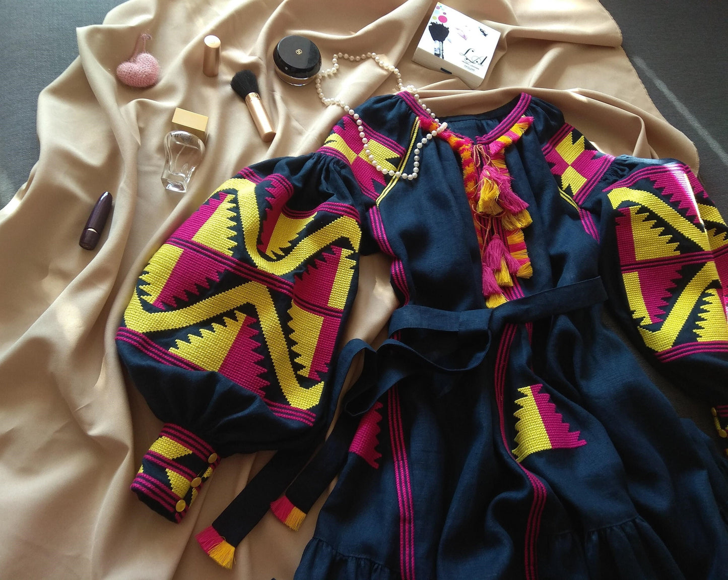 Size 4US/S! Bohemian Maxi Embroidered Dress – Black Ukrainian Folk Dress with Bold Pink and Yellow Geometric Embroidery and Tassel Accents