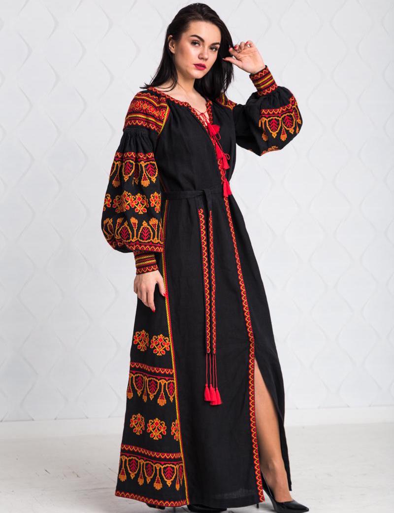 Size 8US/S! Bohemian Lux Wrap. Folk Nouveau Abaya. Chic Nationale Caftan. Embroidered Ukrainian Dress. Fashion Vyshyvanka Style. Black Boho Dress