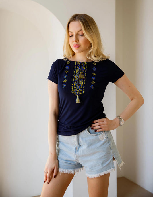 Sizes M,L,XL. Navy Embroidered T-Shirt with Tassels - Ukrainian Folk Floral Tee