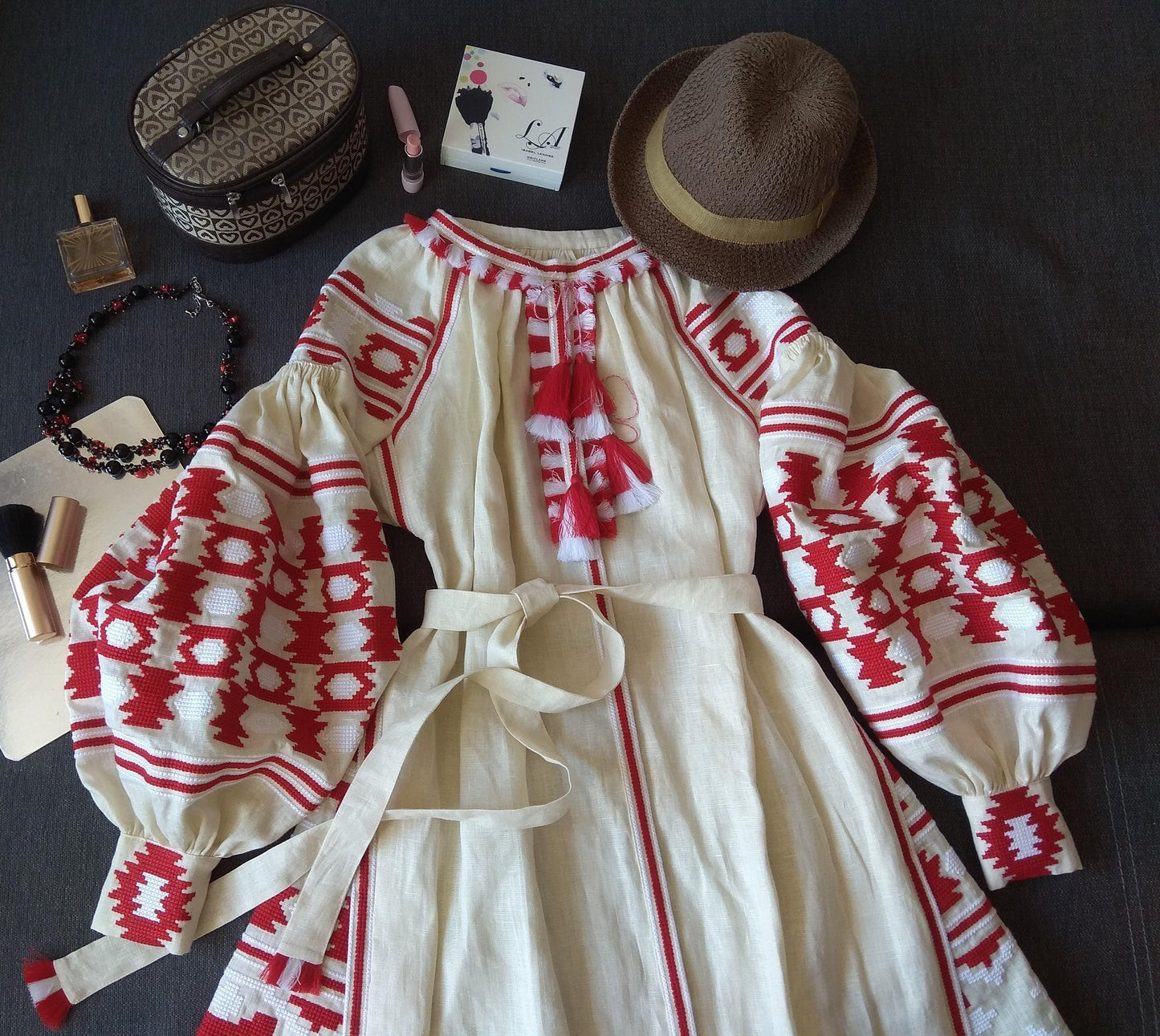 Size 6US/38EU! Ivory Linen Embroidered Dress - Ukrainian Folk Caftan - Fashion Beige Abaya
