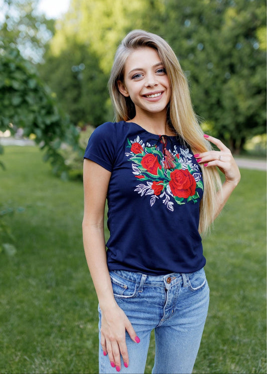 Sizes S-4XL. Hippie Embroidered T-Shirt - Blue Vyshyvanka Top - Dark Blue Slavic Folk Tee