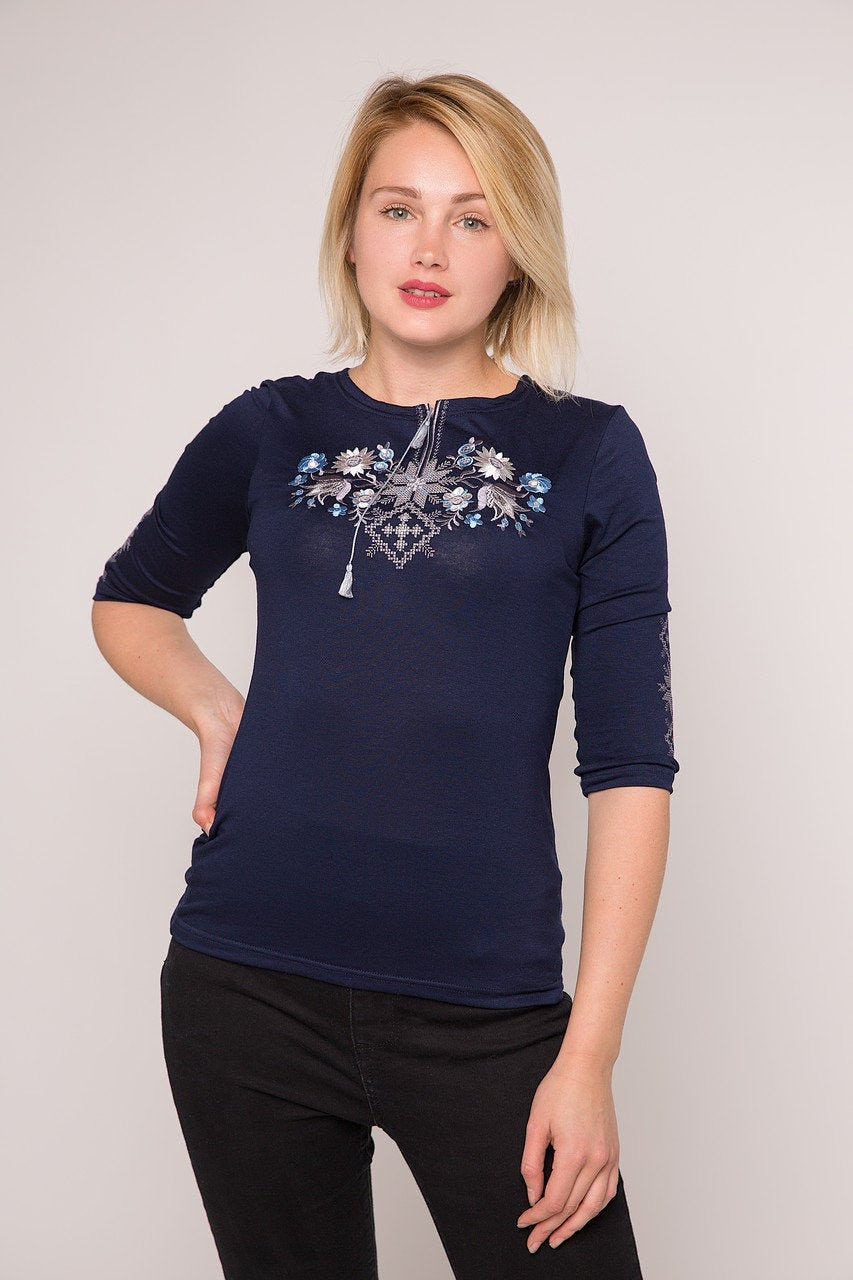 Sizes S-5XL. Traditional Navy Vyshyvanka Top. Folk Ukrainian Embroidered T-Shirt. National Tee with Embroidery. Blue and Grey Boho Shirt. Mexican Top