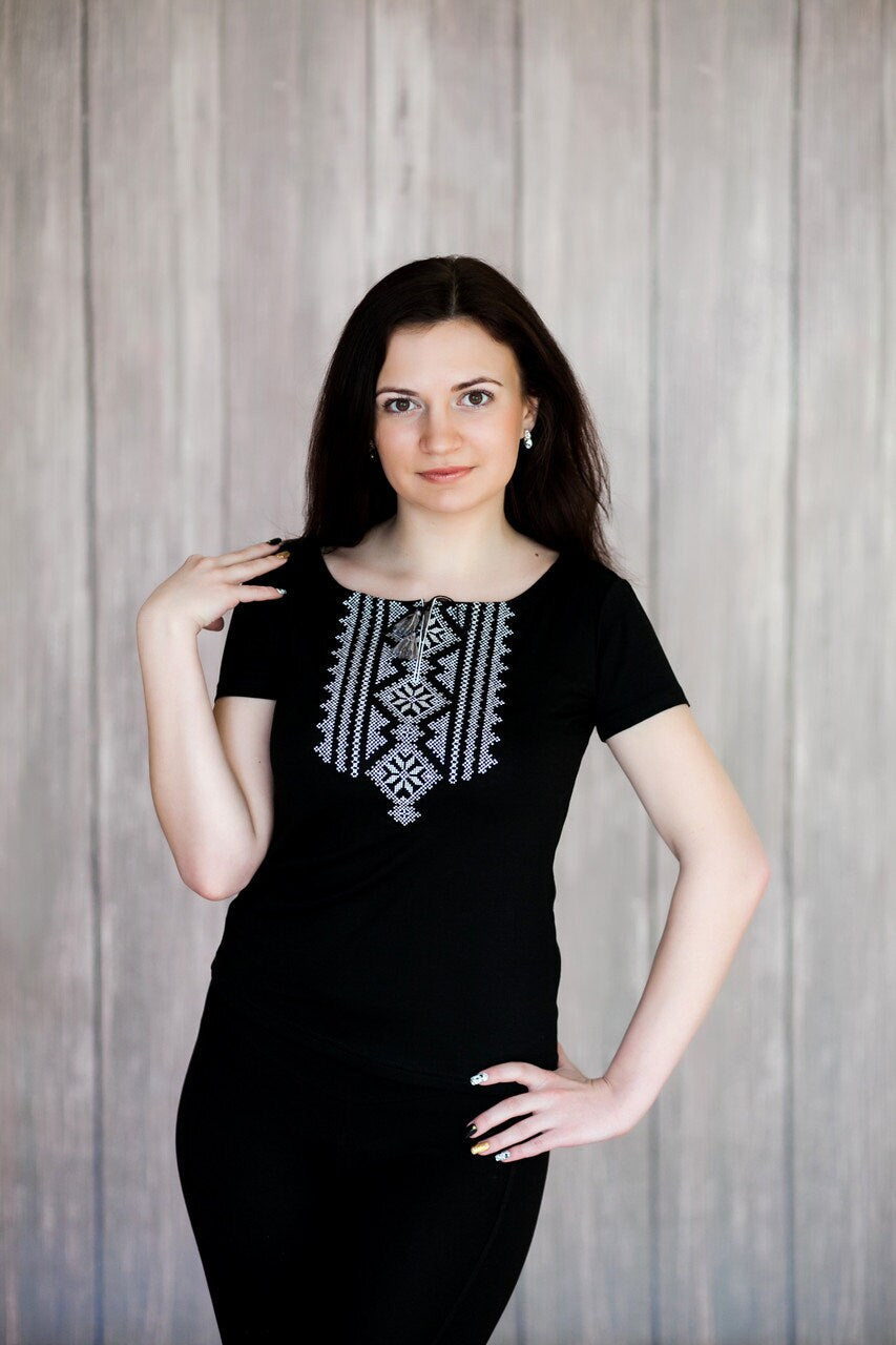 Sizes S-3XL. Black Embroidered Ukrainian Folk T-Shirt – Handmade Boho Top with White Cross-Stitch Design, Slavic Heritage Tee for Women