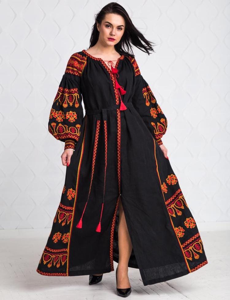Size 8US/S! Bohemian Lux Wrap. Folk Nouveau Abaya. Chic Nationale Caftan. Embroidered Ukrainian Dress. Fashion Vyshyvanka Style. Black Boho Dress
