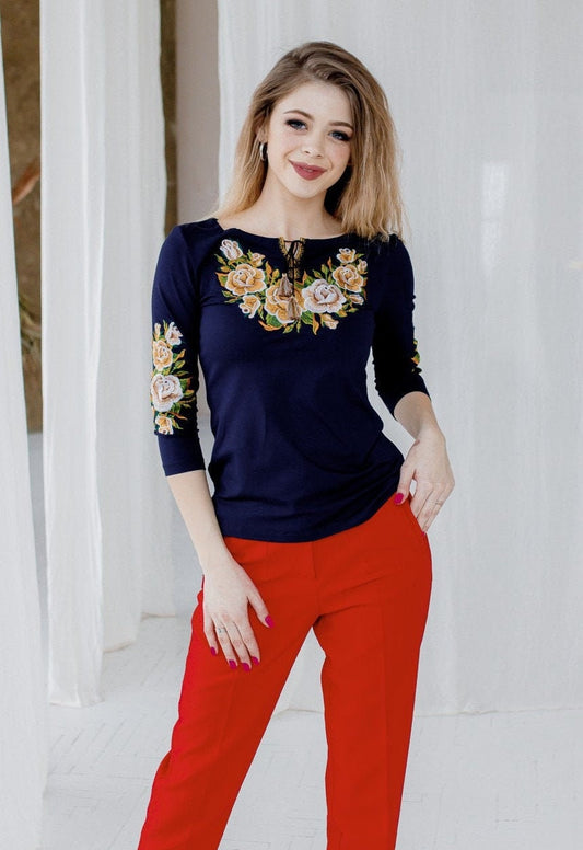 Sizes S-XXL. Navy Embroidered Mexican Blouse. Ethnic Boho Top. Artisanal Folk Blouse. Mexican Fiesta Shirt. Traditional Vyshyvanka. Botanical Tee
