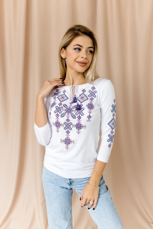 Sizes S-4XL. Purple Embroidered White Blouse - Ukrainian Vyshyvanka Tee - Boho Folk Top with Geometric Ornament - Women's 3/4 Sleeve Ethnic Shirt