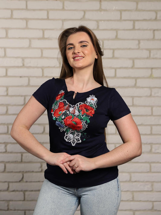Sizes S,M. Navy Bohemian Floral Top - Stylish Embroidered Tee - Chic Botanical Hippie T-shirt