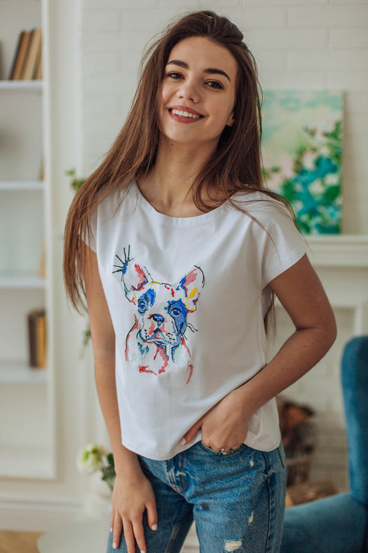 Sizes M,XL. Women's White T-Shirt with Colorful Embroidered French Bulldog - Dog Lover's Tee