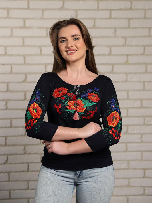 Size S. Navy Bohemian Embroidered Blouse - Ukrainian Vyshyvanka with Poppy Flowers