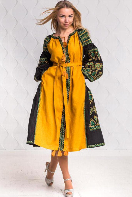 Size S! Mustard Boho Dress - Embroidered Linen Ukrainian Kaftan - Bohemian Chic Traditional Dress - Mexican Ethnic Outfit