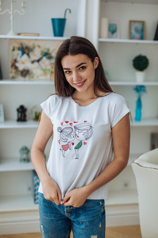Sizes M,XL. Women's White T-Shirt with Romantic Couple Embroidery - Cute Love Design Tee