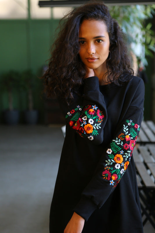 Sizes S-3XL. Black Floral Embroidered Sweatshirt Dress – Casual Boho Chic Style for Women