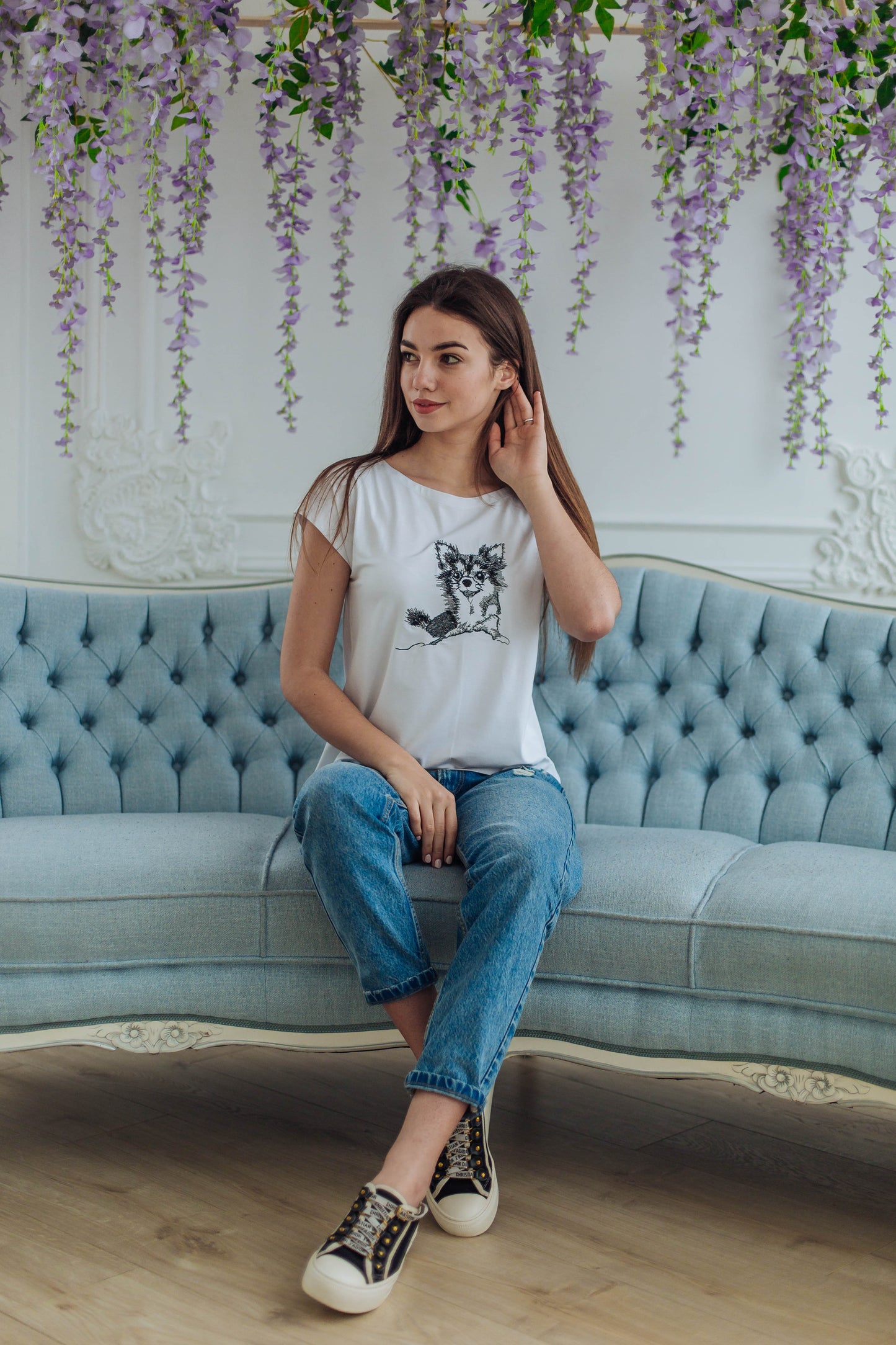 Sizes M,L. Dog Lover's T-Shirt - Funny Embroidered Spitz Tee