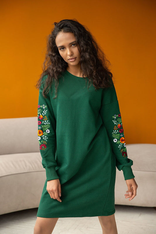 Sizes S-XXL. Green Boho Sweatshirt Dress – Floral Sleeve with Mexican Embroidery Folk Design