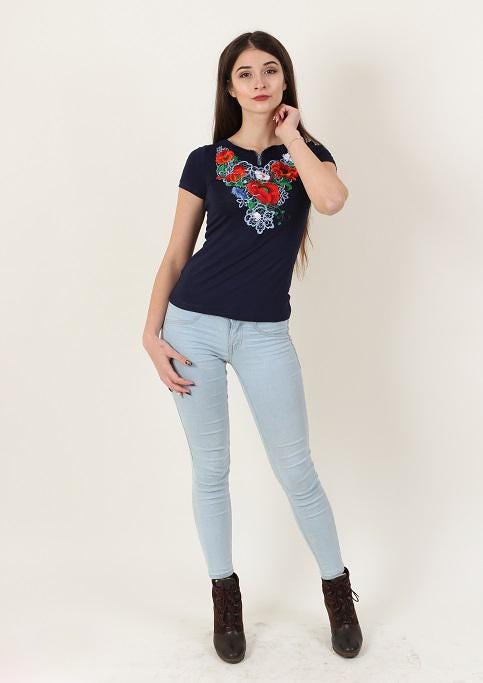 Sizes S,M. Navy Bohemian Floral Top - Stylish Embroidered Tee - Chic Botanical Hippie T-shirt