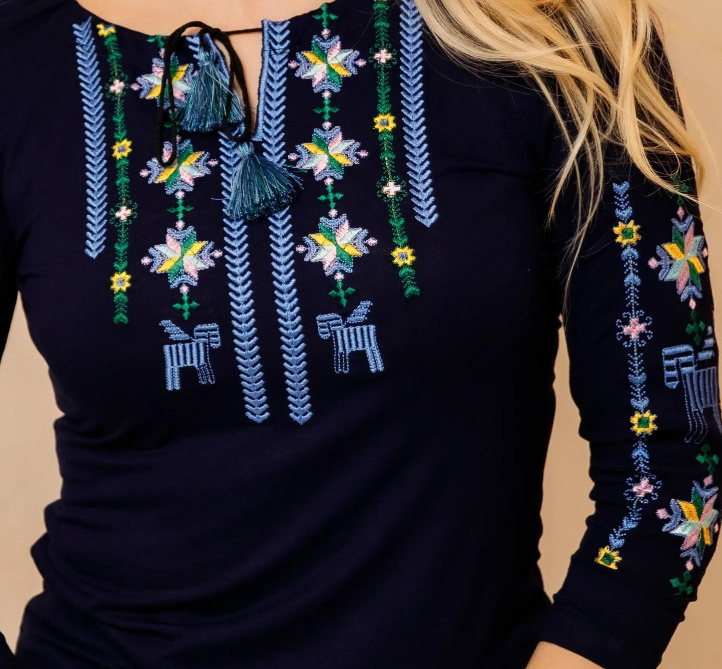 Sizes S-4XL. Chic Floral Mexican Blouse. Navy Blue Embroidered Boho T-Shirt. Ukrainian Vyshyvanka Folk Tee. Floral & Horse Traditional Hippie Top
