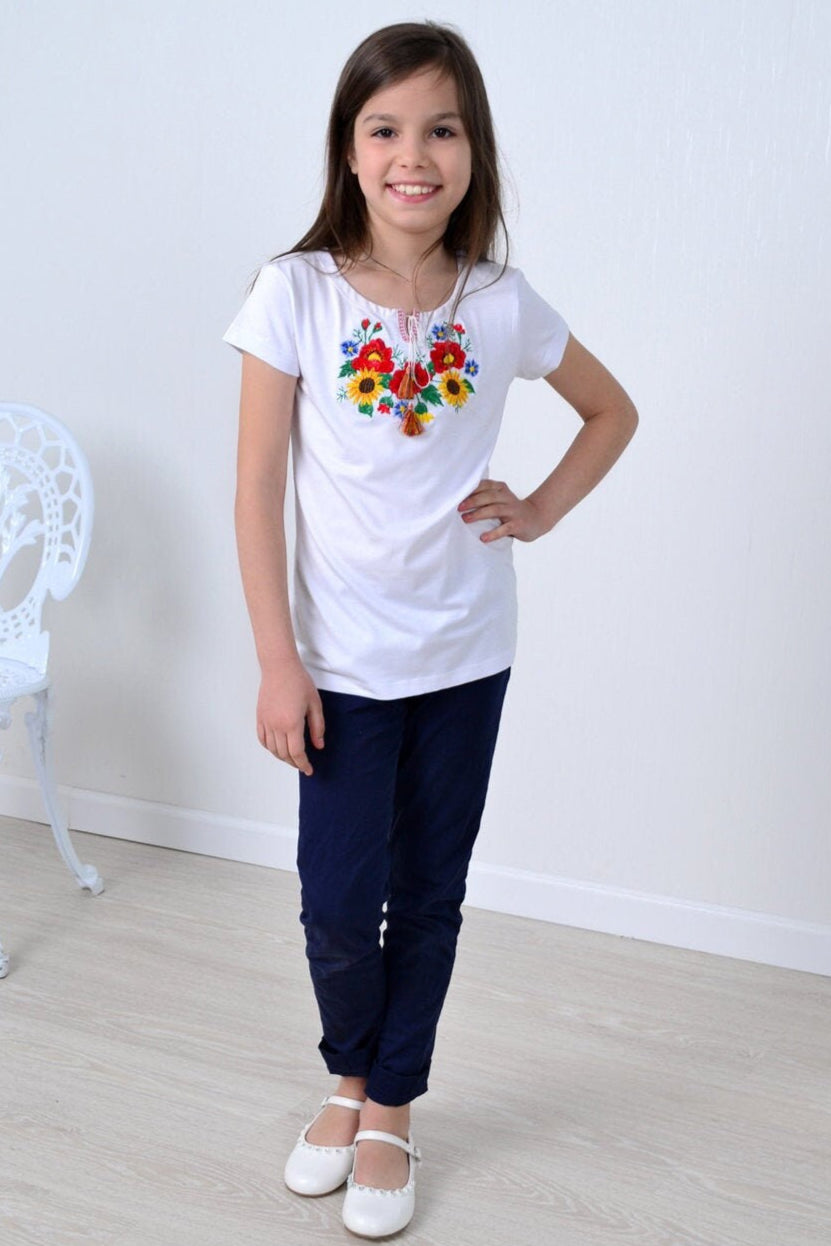 Size 104. Girl's White Embroidered T-Shirt with Floral Design – Ukrainian Folk Top with Tassels