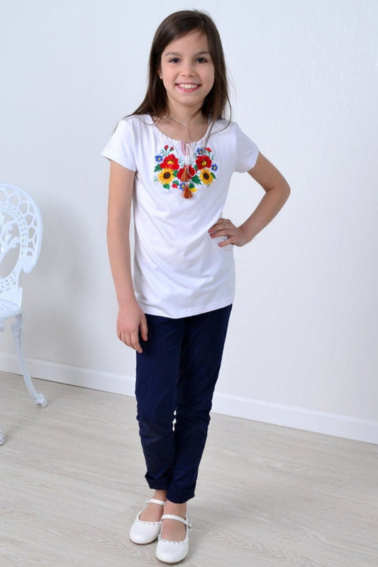 Size 104. Girl's White Embroidered T-Shirt with Floral Design – Ukrainian Folk Top with Tassels