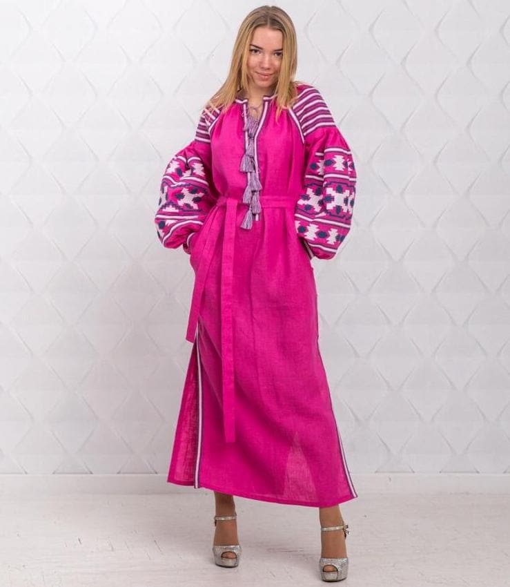 Size 4US/S! Fuchsia Linen Embroidered Dress with Tassels - Ukrainian Folk Maxi Dress