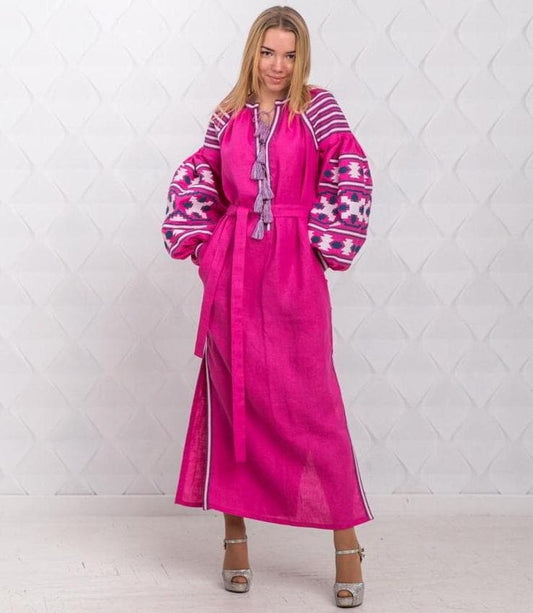 Size 4US/S! Fuchsia Linen Embroidered Dress with Tassels - Ukrainian Folk Maxi Dress