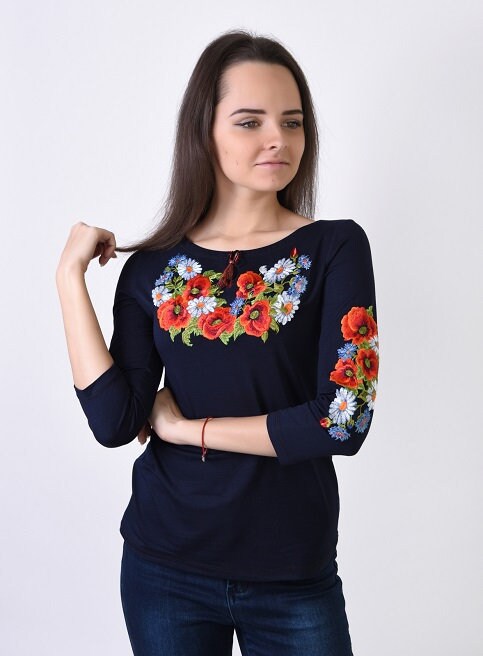 Sizes S,M. Navy Women's Shirt. Floral Embroidered T-Shirt. Bohemian Mexican Top. Ethnic Flower Tee. Folk Chic Soft Blouse. Dark Blue Vyshyvanka