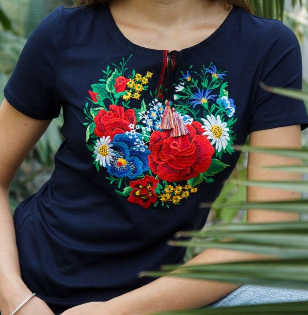 Sizes M-4XL. Navy Blue Floral Embroidered T-Shirt – Mexican & Ukrainian Inspired Folk Blouse with Botanical Garden Heart and Tassel Detail