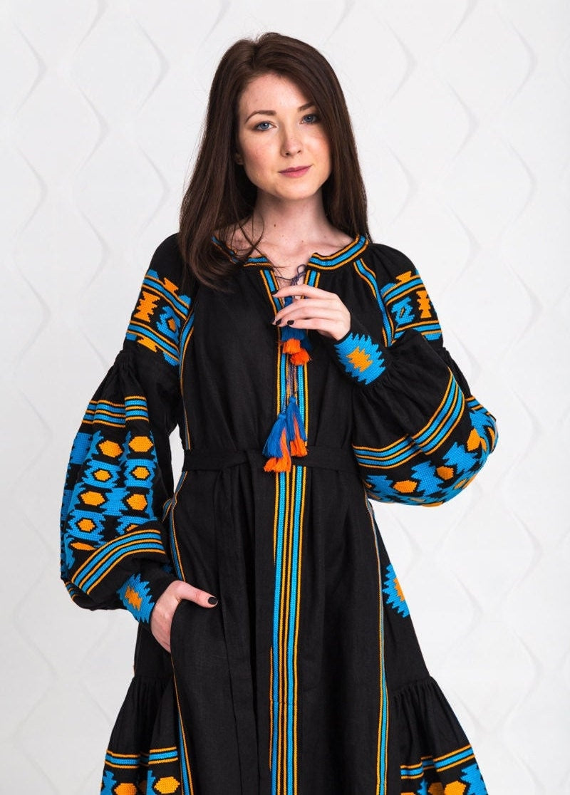 Size 2US//34EU//XS! Bohemian Embroidered Black Maxi Dress – Ukrainian Folk Long Sleeve Gown with Geometric Pattern and Tassel Detail, Handmade Ethnic Fashion