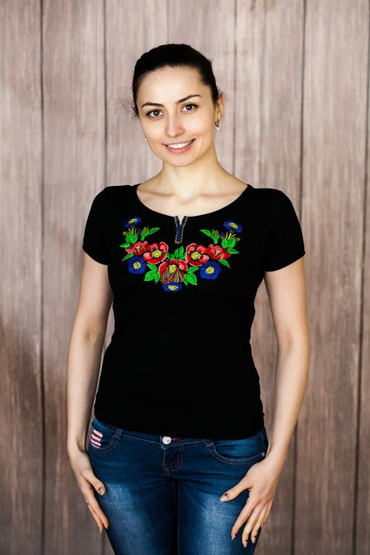 Sizes S,XL. Black Bohemian Vyshyvanka T-shirt - Embroidered Top - Ethnic Tee - Embroidery Black Blouse - Flower T-shirt