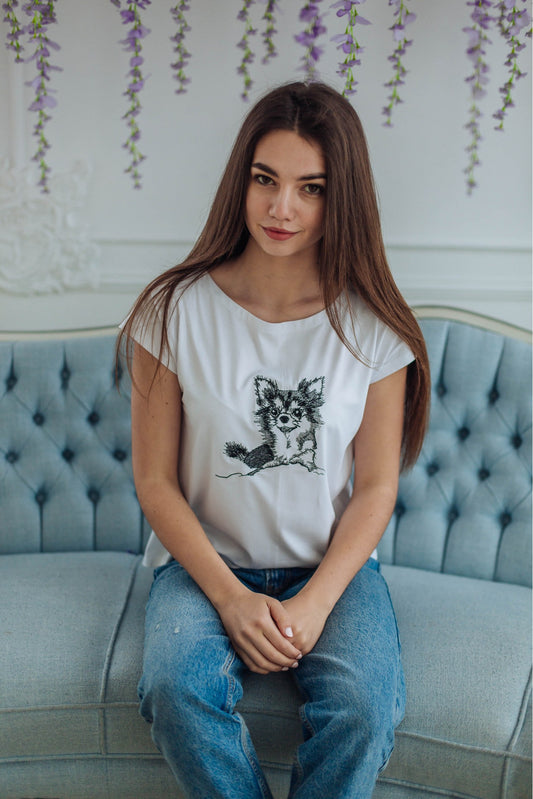 Sizes M,L. Dog Lover's T-Shirt - Funny Embroidered Spitz Tee