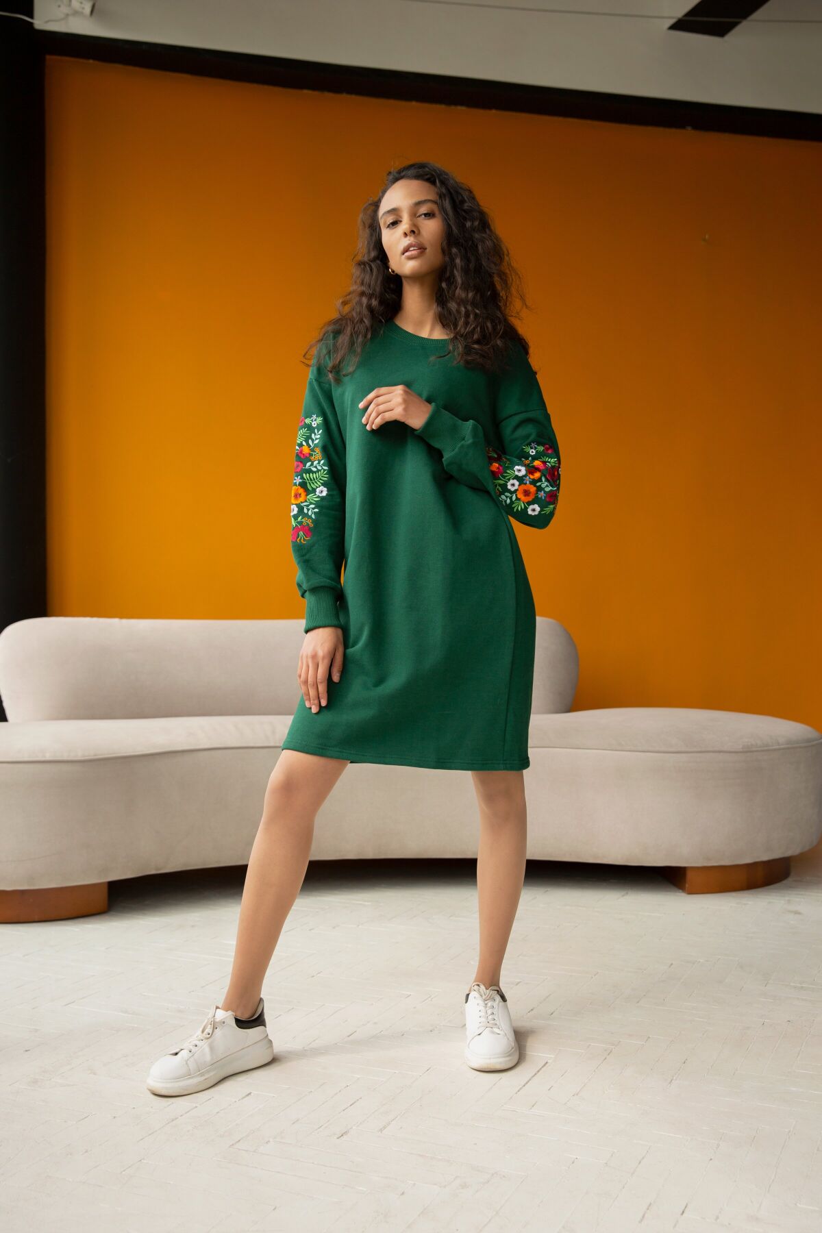 Sizes S-XXL. Green Boho Sweatshirt Dress – Floral Sleeve with Mexican Embroidery Folk Design