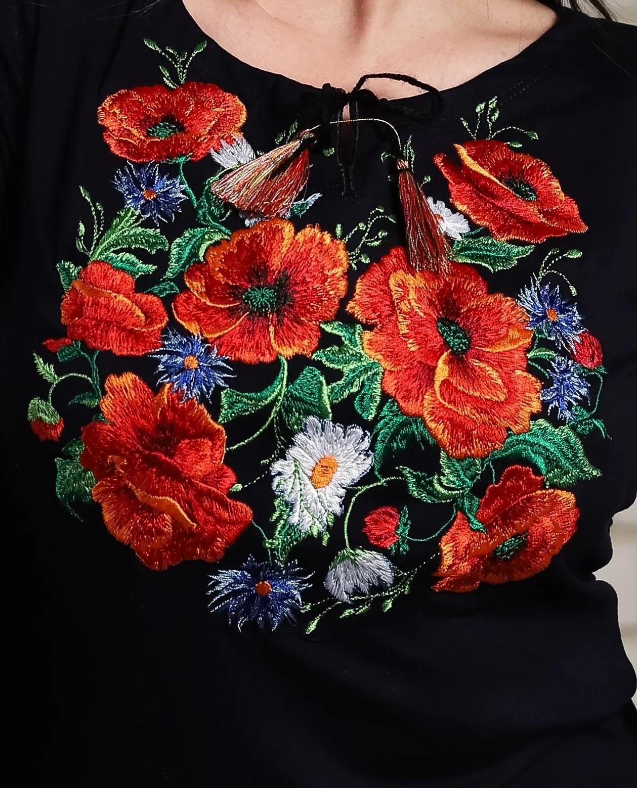 Size M. Navy Blue Embroidered T-Shirt - Women's Floral Ukrainian Vyshyvanka Tee - Boho Folk Top with Poppies and Wildflowers