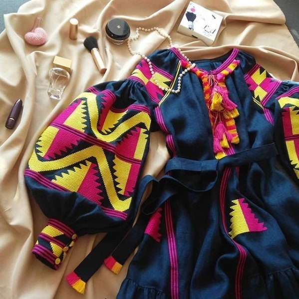 Size 4US/S! Bohemian Maxi Embroidered Dress – Black Ukrainian Folk Dress with Bold Pink and Yellow Geometric Embroidery and Tassel Accents