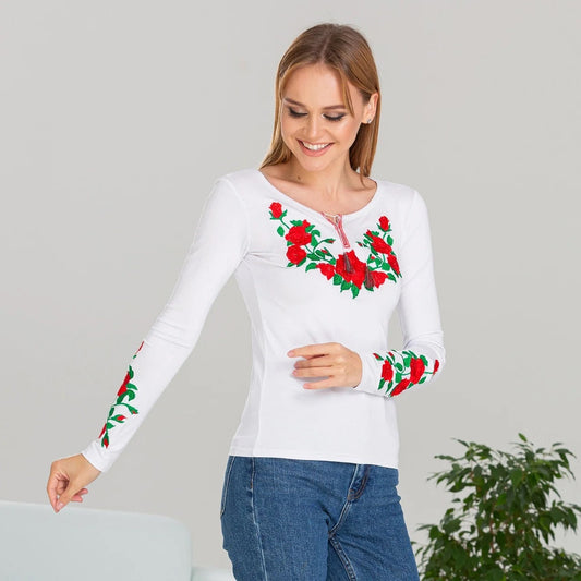 Sizes S,L,3XL. White Blouse with Red Rose Embroidery - Ukrainian Floral Folk Shirt