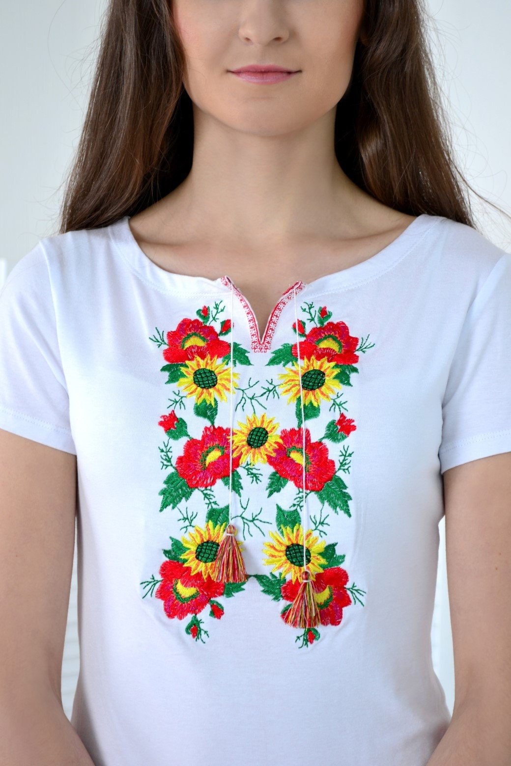 Sizes S,XL,XXL. White T-Shirt with Floral Embroidery - Mexican Sunflower Blouse