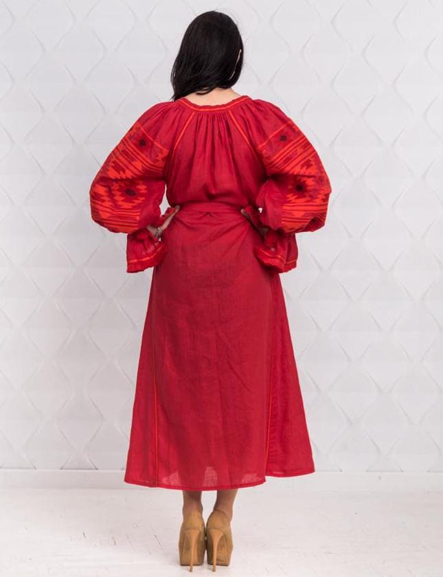 Size S/6US! Gorgeous Bohemian Red Embroidered Dress - Stylish Folk Party Maxi Dress
