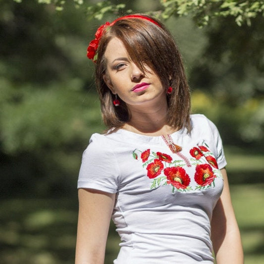 Size 3XL. White Embroidered Floral T-Shirt – Handmade Ukrainian Folk Tee with Red Poppies, Botanical Stitch, and Boho Ethnic Charm