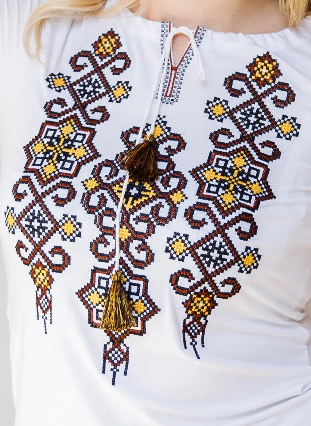 Size S. White Boho Embroidered T-Shirt - Women's Vyshyvanka with Geometric Ornament - Ukrainian Folk Style Blouse