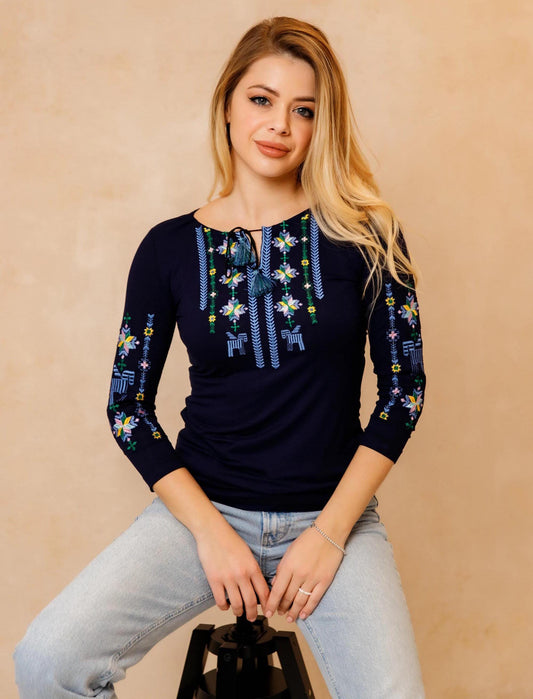 Sizes S-4XL. Chic Floral Mexican Blouse. Navy Blue Embroidered Boho T-Shirt. Ukrainian Vyshyvanka Folk Tee. Floral & Horse Traditional Hippie Top