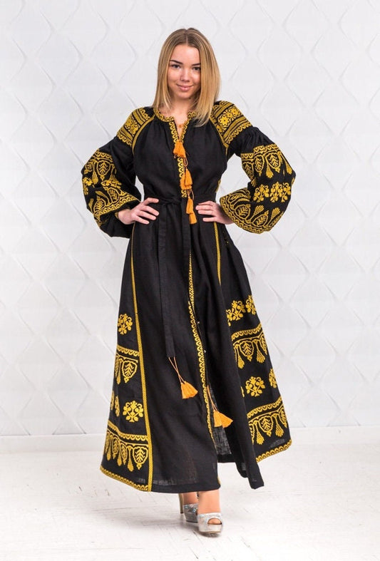 Size S! Ethnic Vyshyvanka Dress - Black Linen Embroidered Dress - Ukrainian & Mexican Boho Chic Kaftan - 100% Linen Abaya - Fashion Folk Caftan