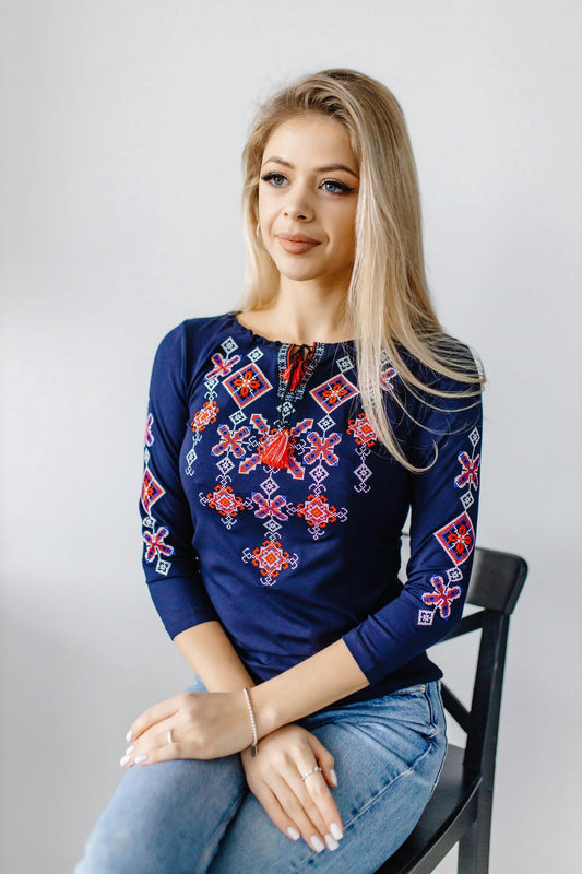 Sizes S-XXL. Navy Blue Embroidered Blouse – Traditional Ukrainian Geometric Folk Top