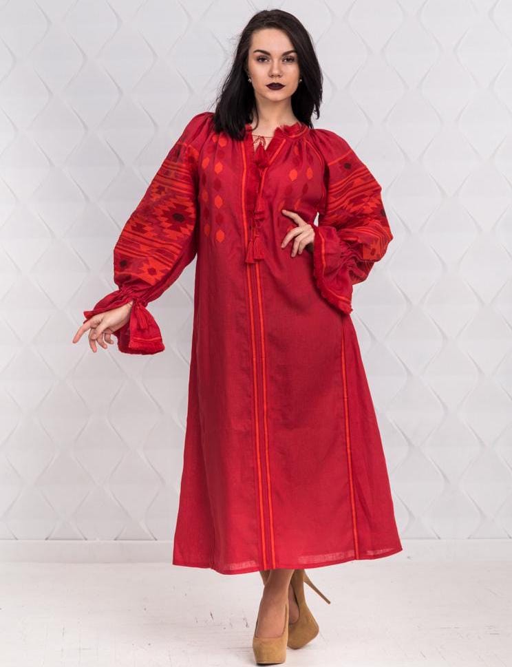 Size S/6US! Gorgeous Bohemian Red Embroidered Dress - Stylish Folk Party Maxi Dress