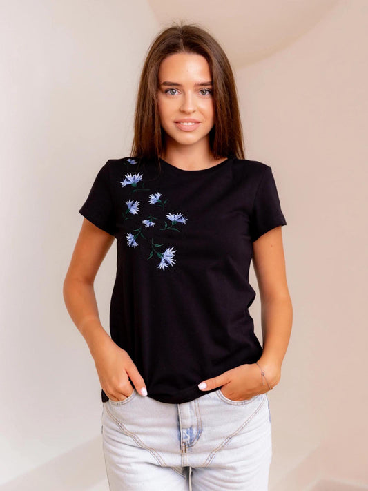 Sizes S-XL. Black Floral Embroidered T-Shirt - Women's Botanical Top