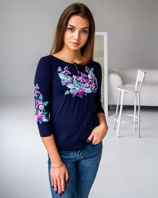 Sizes S-4XL. Navy Boho Women's T-Shirt - Viscose Tee with Floral Embroidery - Mexican Vyshyvanka Blouse