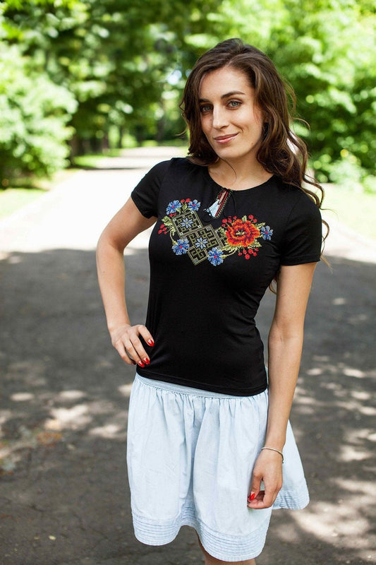 Size S. Black Vyshyvanka Embroidered Shirt. Women's Boho Top. Handmade Gift for Her. Ukrainian Folk Style Tee. Unique Gift for Wife or Girl