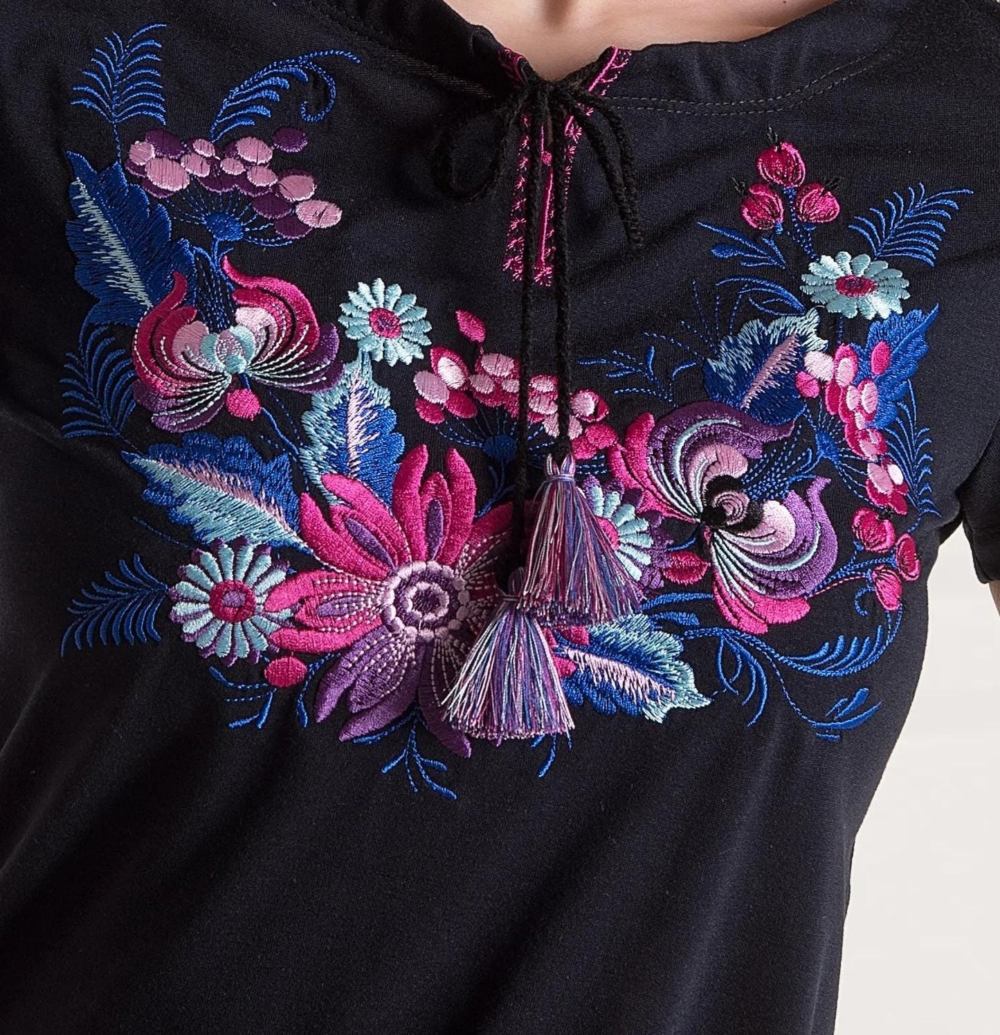 Sizes M-XL. Gorgeous Navy Blue Embroidered Folklore T-Shirt - Boho Floral Tee