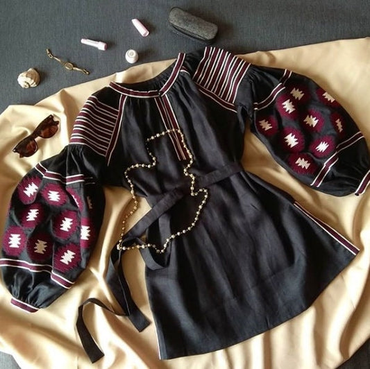 Size 6US/S. Black Linen Shirt - Boho Blouse - Folk Embroidered Top - Luxurious Mexican Top